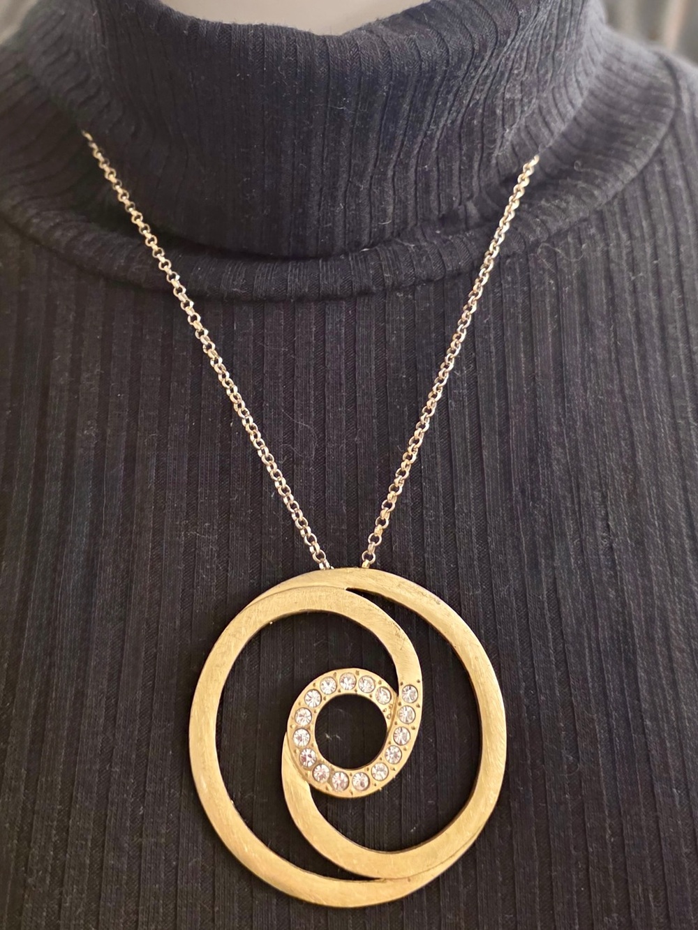 Gold Tone Textured Spiral Rhinestone Statement Pendant Necklace